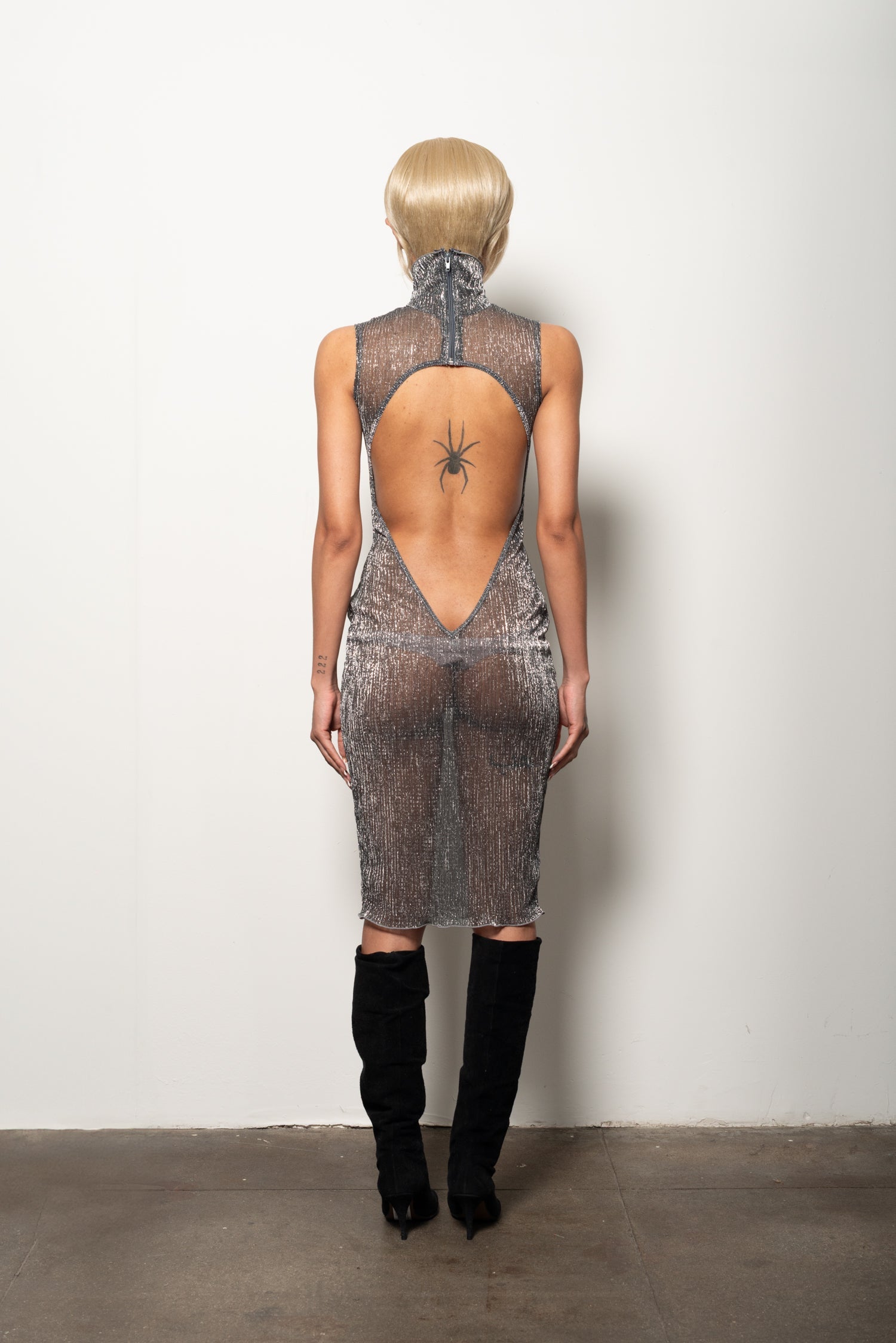 silver open back dress