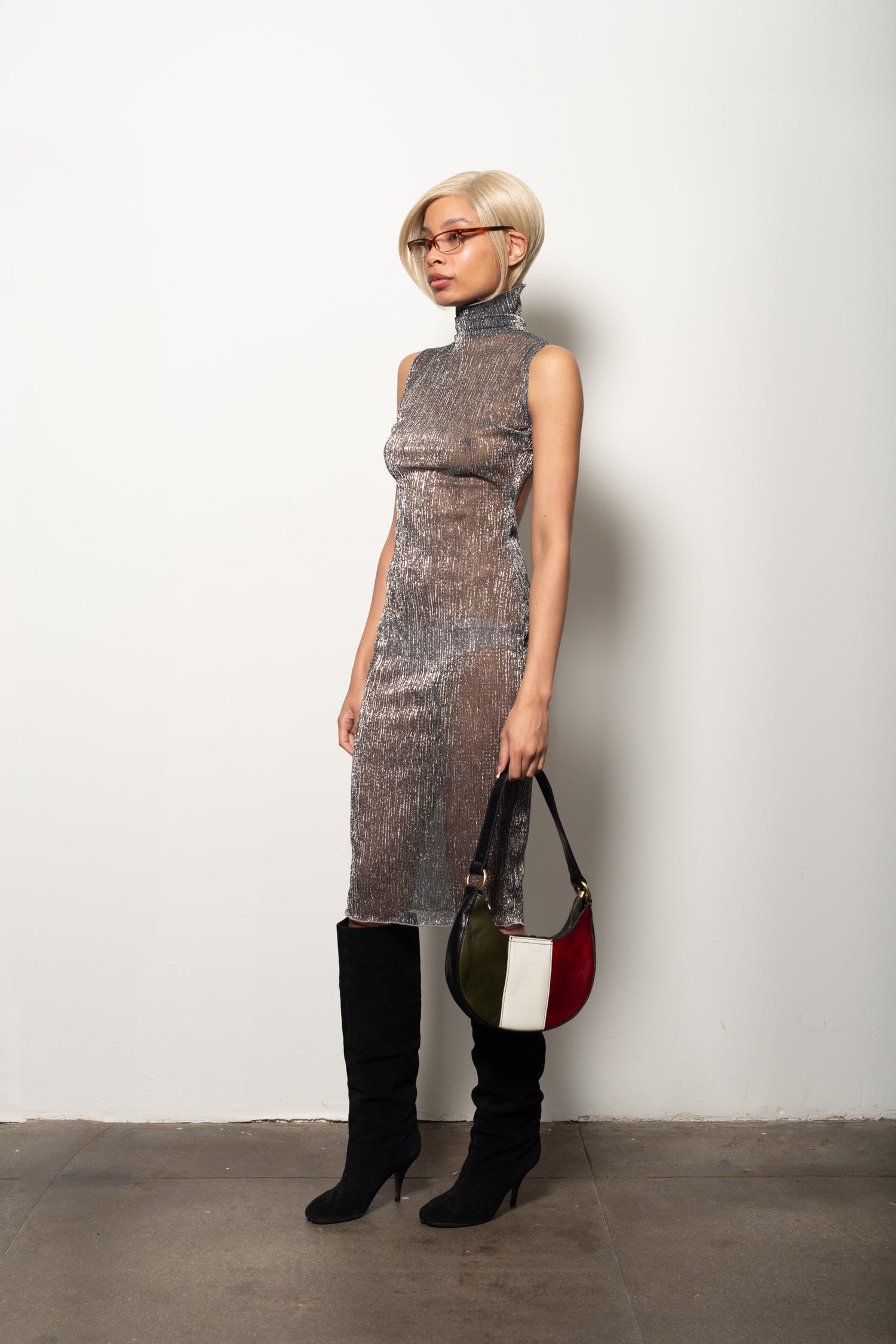 silver open back dress